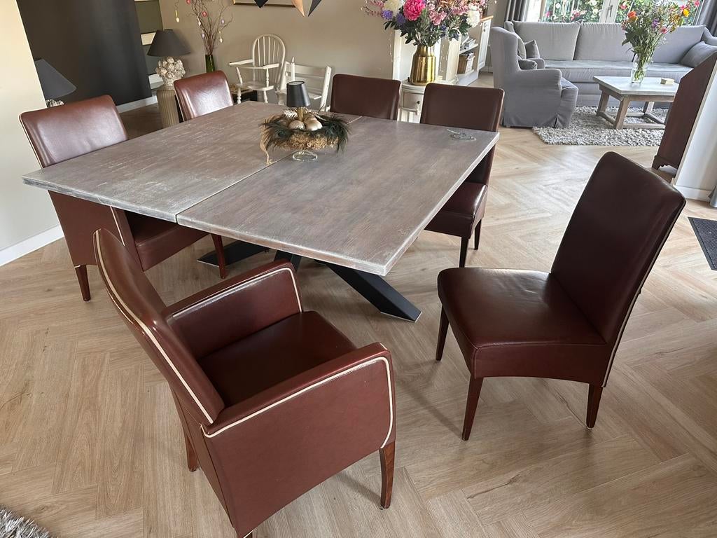 Lederen keuken tafel stoelen, Ophalen, Bruin, Leer, Zo goed als nieuw