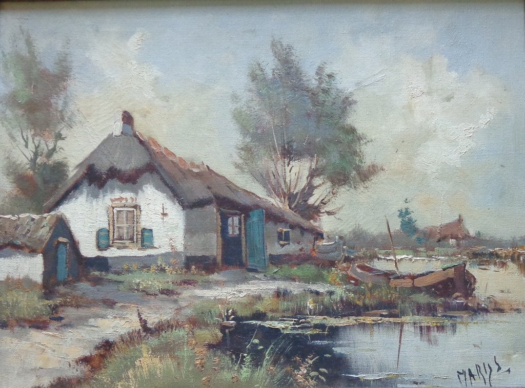MARIJS / HOEVE NAAST VIJVER / OLIEVERF DOEK / 39x49cm KADER, Antiquités & Art, Enlèvement ou Envoi, Expressionniste, Toile, Maritime / eau