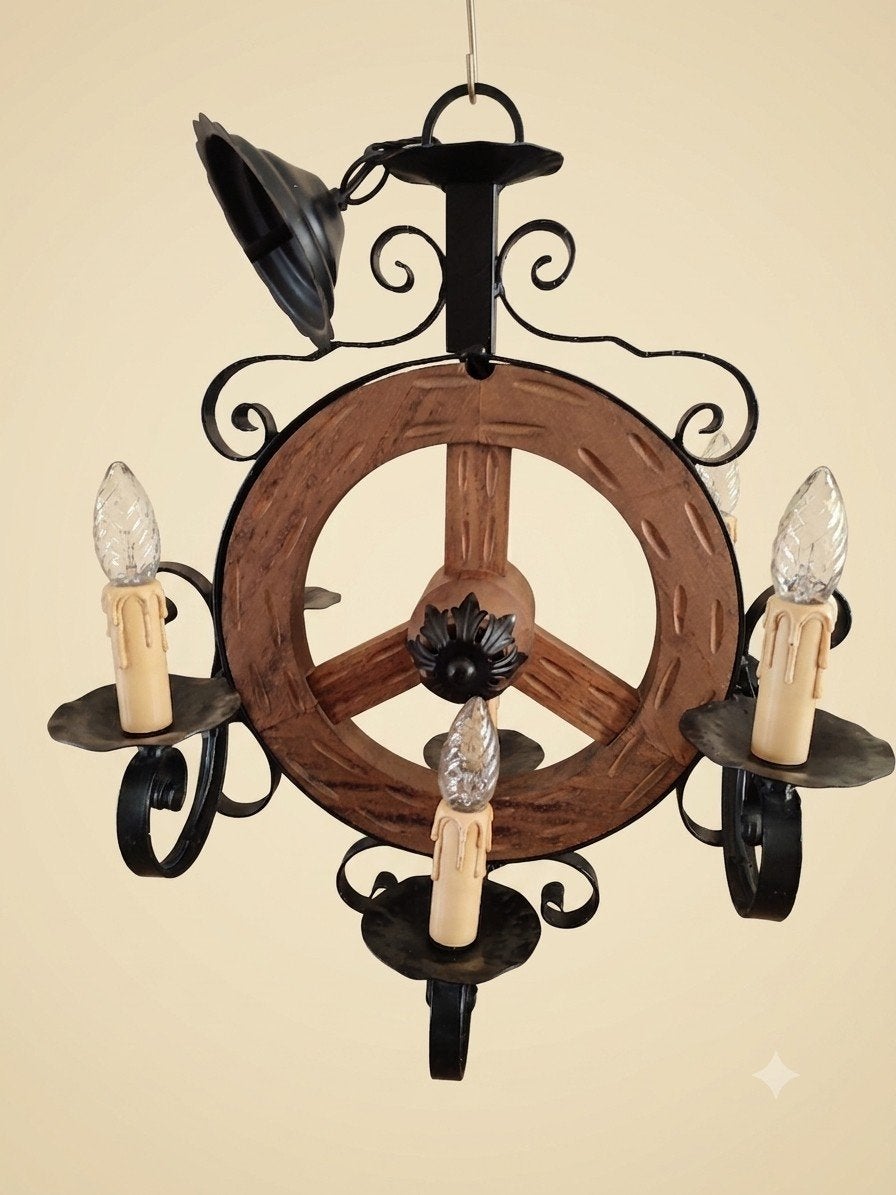 Lustre rustique roue de charrette en bois et fer forgé, Enlèvement, Utilisé, Bois, Rustique, médiéval