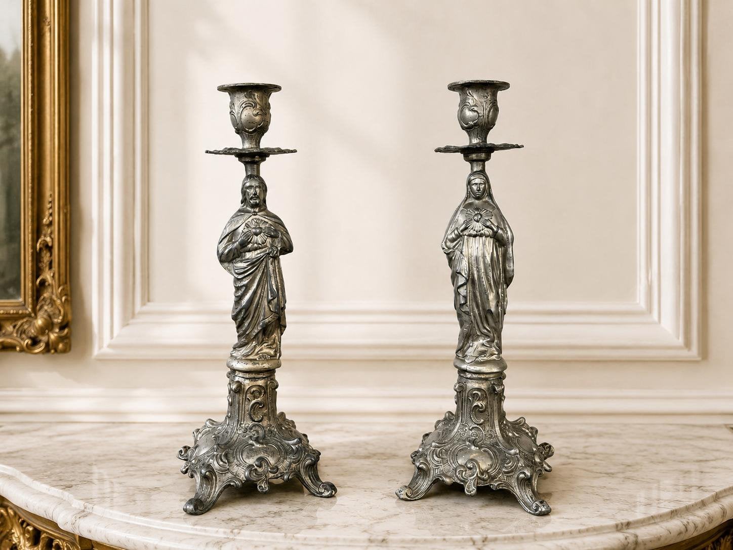 Paire de bougeoirs religieux - Jésus et Marie, Antiquités & Art, Enlèvement ou Envoi, Autres matériaux