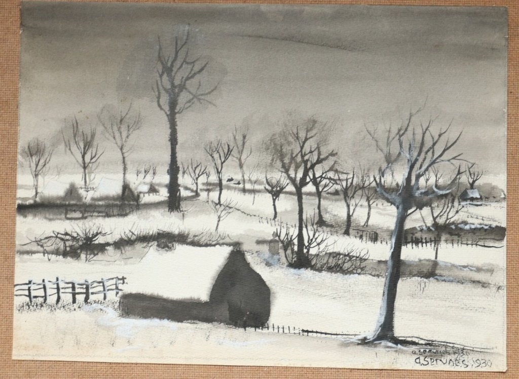 Albert Servaes - Winterlandschap, gewassen inkt, 1930, Antiquités & Art, Enlèvement, Dessin, Technique mixte, Signé