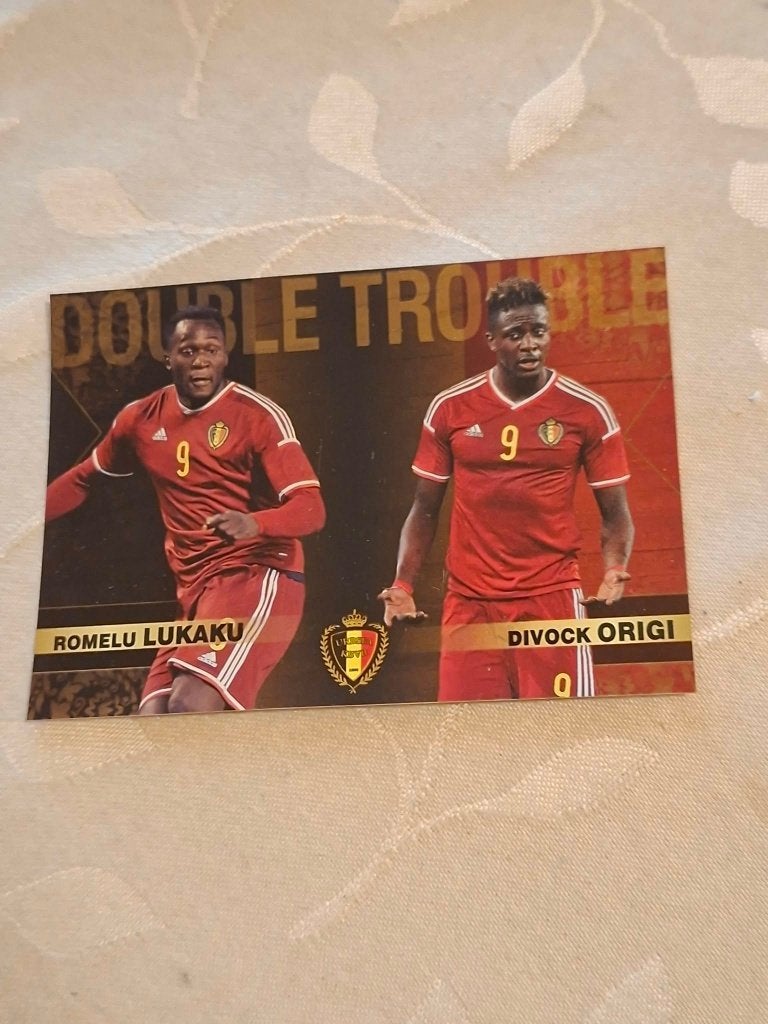 Panini/Double Trouble kaart : Romelu Lukaku-Divock Origi, Verzamelen, Ophalen of Verzenden, Zo goed als nieuw, Spelerskaart