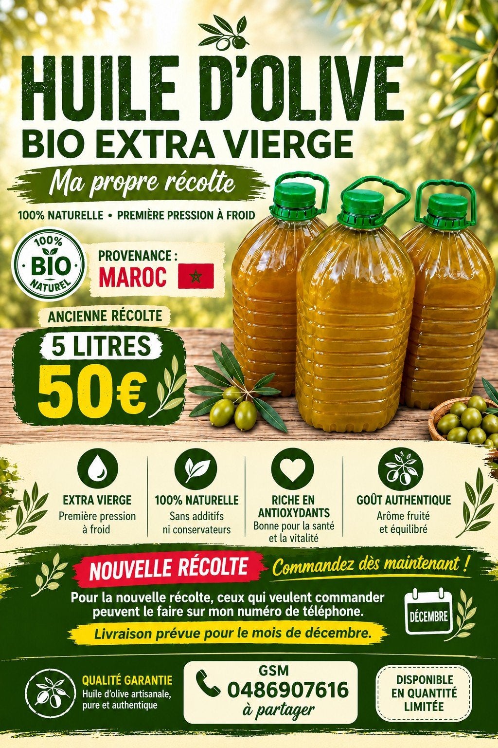 hiile d olive 50€ les 5 litres 100% bio, Divers, Enlèvement