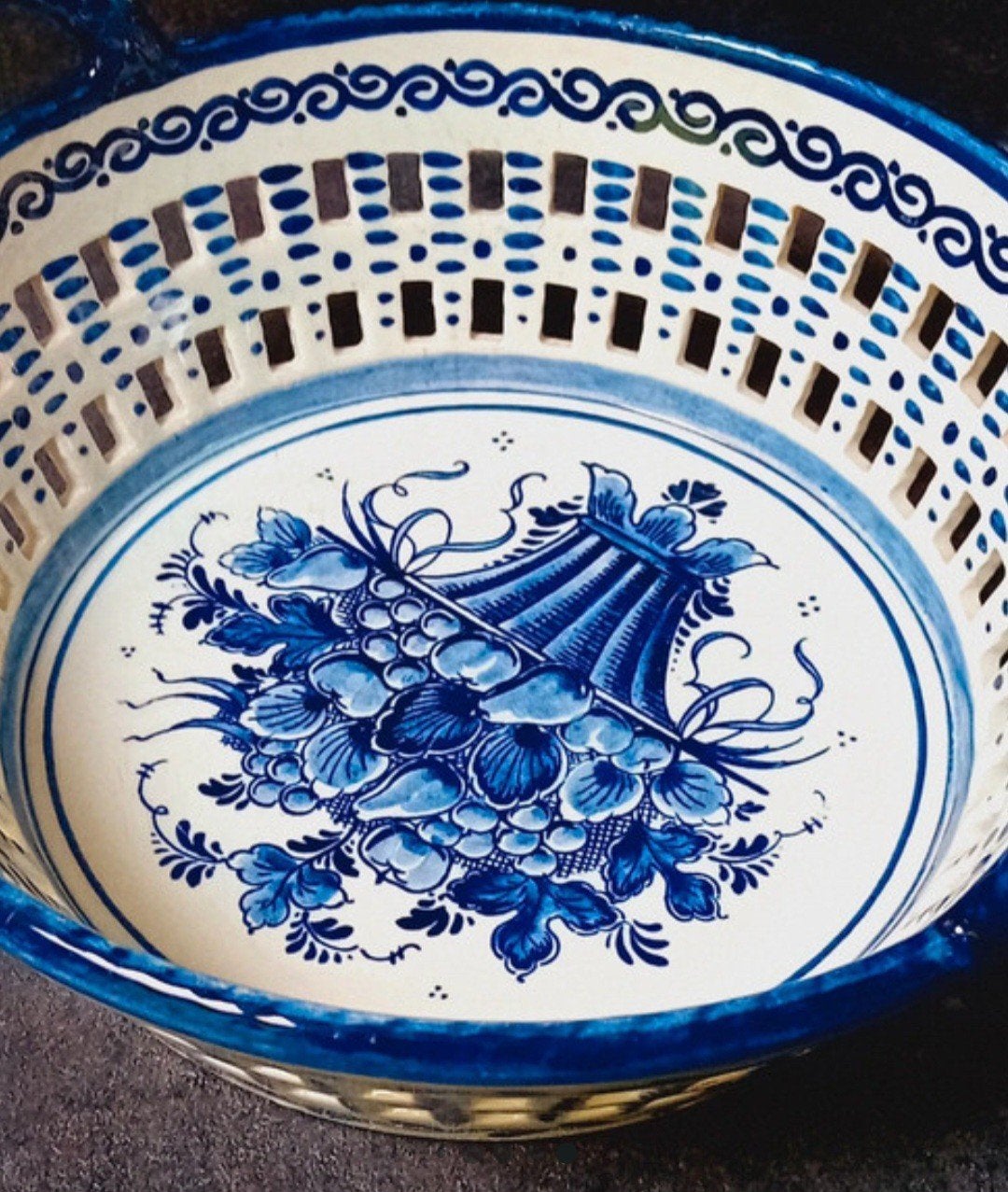 vintage Delft blauw fruitmandje van blauw/wit porselein '70, Ophalen of Verzenden