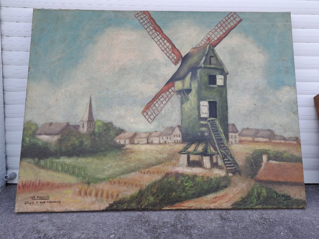 huile sur toile le moulin apres g van tieghem signe de meyer, Antiquités & Art, Enlèvement ou Envoi, Toile