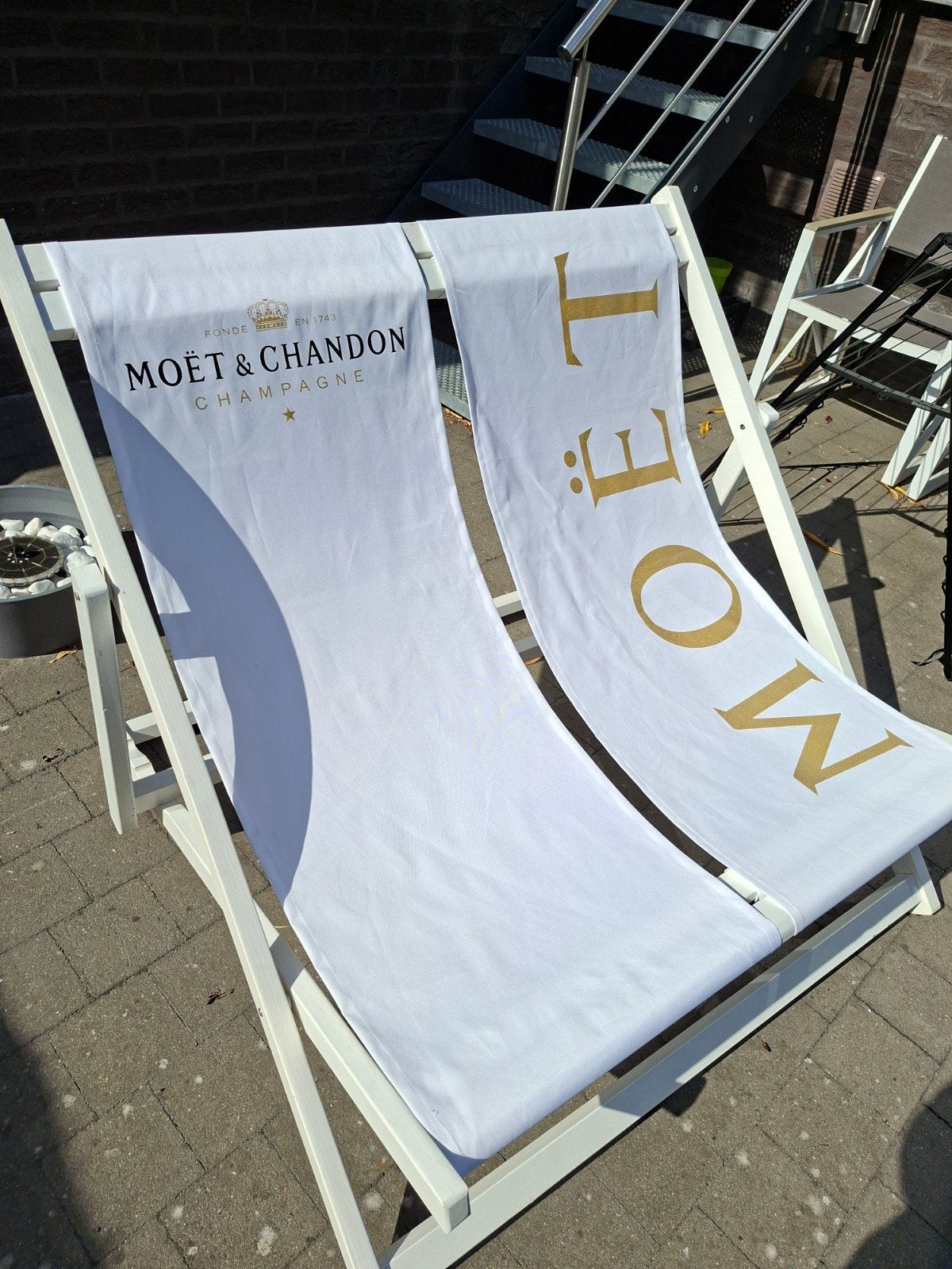 Moēt & Chandon strandstoel 2 personen, Ophalen, Zo goed als nieuw, Hout, Inklapbaar