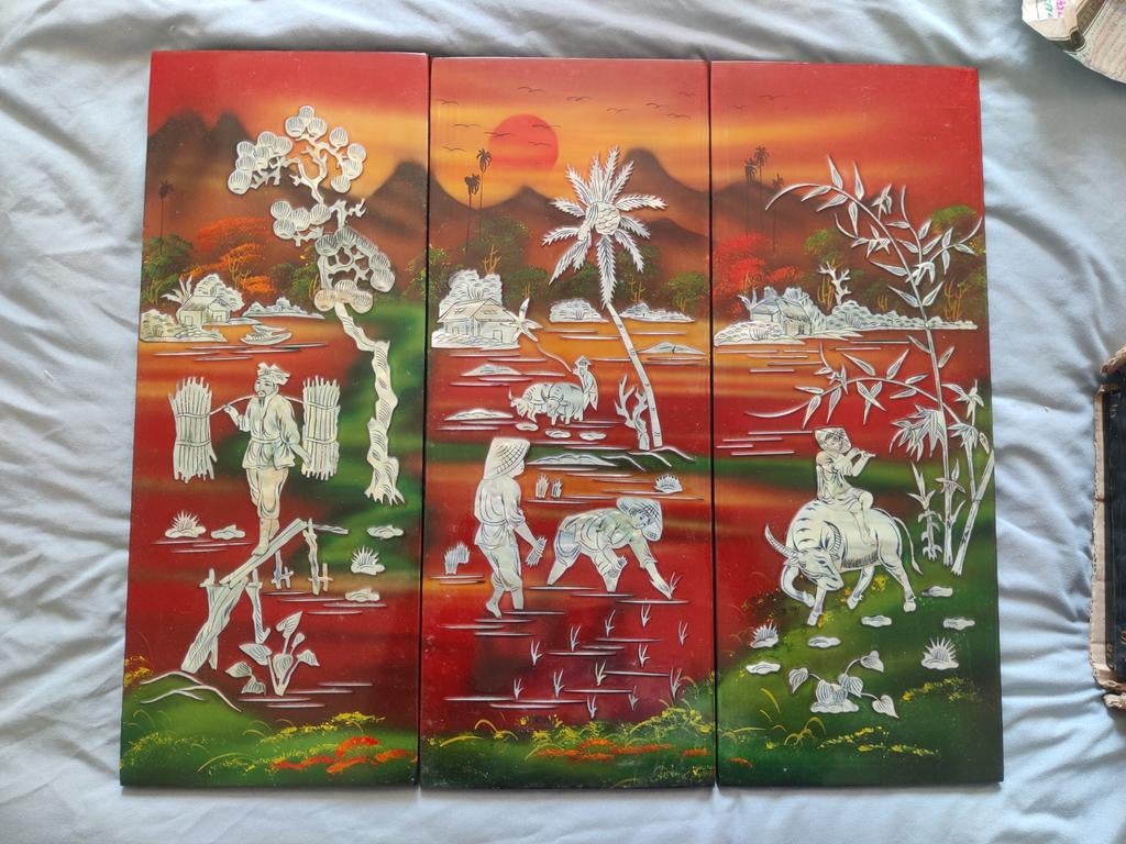 Vietnamese lak parelmoer panelen 19 x 49 cm, Antiek en Kunst, Ophalen