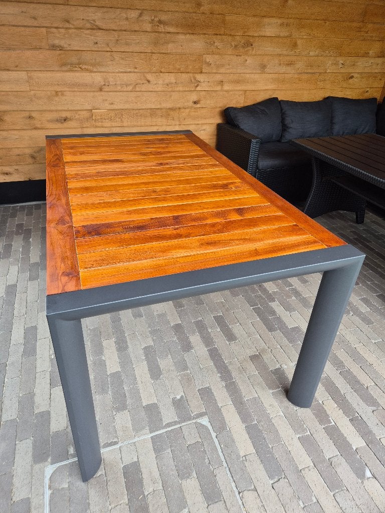 Aluminium tuintafel met verlengbaar teakhouten blad, Jardin & Terrasse, Tables de jardin, Comme neuf, Rectangulaire, Aluminium