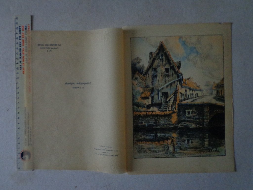 kleurrijke litho van Louis Voets Huizen bij een rivier, Antiek en Kunst, Landschappen, Gesigneerd in de plaat, Offsetdruk, Ophalen of Verzenden