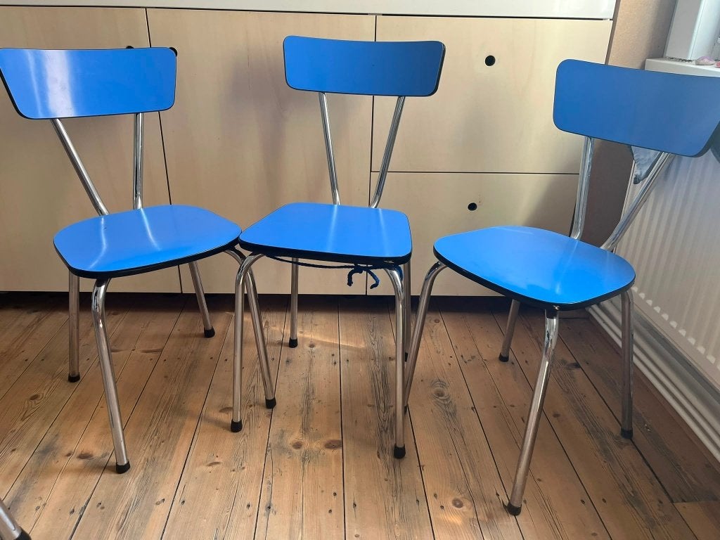 Vintage retro stoelen jaren 50 – blauw Formica, Huis en Inrichting, Ophalen, Drie, Blauw, Formica - Retro - Vintage