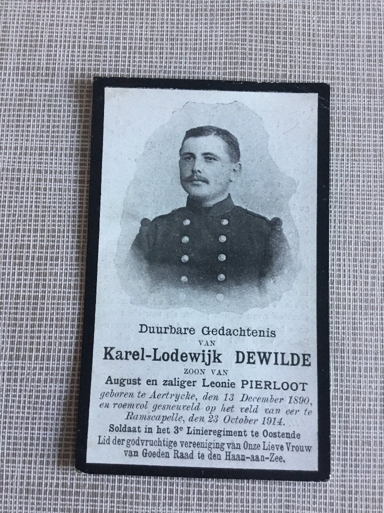 Soldaat K.Dewilde Aartrijke gesneuveld Ramskapelle 1914, Verzamelen, Bidprentjes en Rouwkaarten, Verzenden, Bidprentje