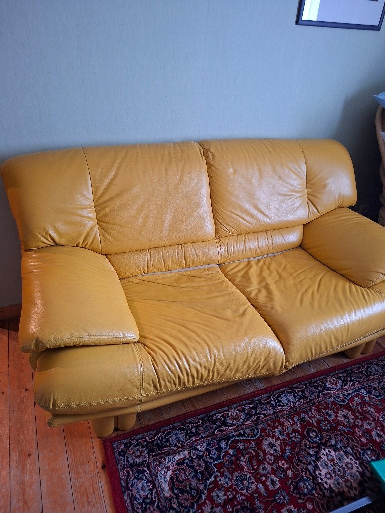 Gele zetel leer, Huis en Inrichting, Ophalen, Gebruikt, 150 tot 200 cm, Tweepersoons