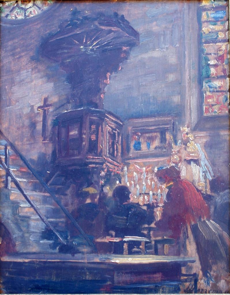 Lievin Herremans (1858-1931): Kerkinterieur (33 x 39 cm), Antiek en Kunst, Kunst | Schilderijen | Klassiek, Ophalen of Verzenden
