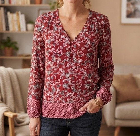 Beschrijving leuke zomerse blouse met print, Envoi, Comme neuf, Taille 36 (S)