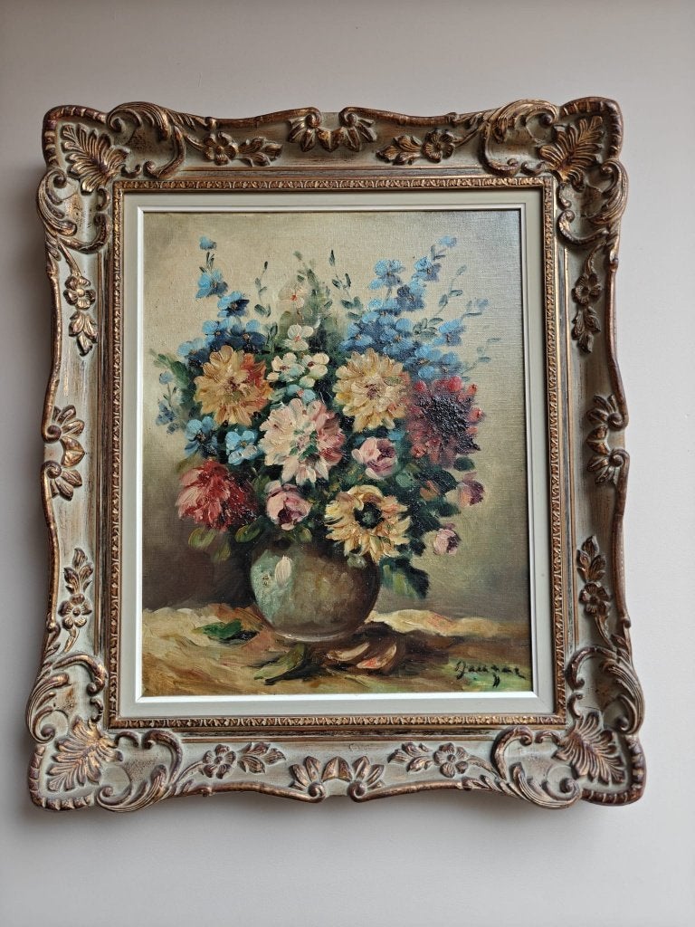 Bloemenstilleven op doek – gesigneerd, Autres techniques, Signé, Enlèvement, Fleurs