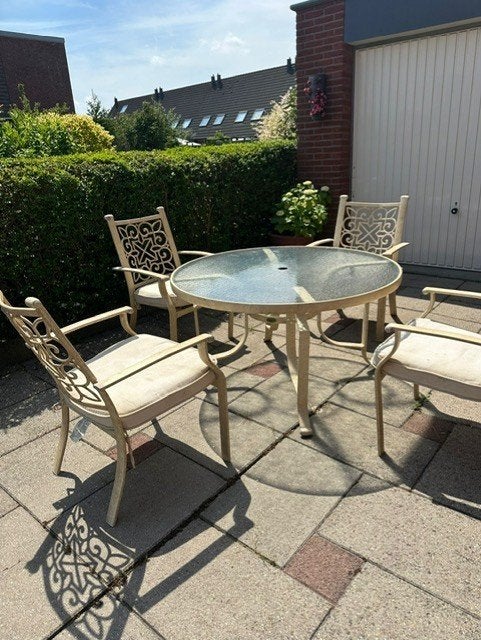 aluminium tuin set 4 x stoelen met glas ronde tafel, Ophalen, Gebruikt, Aluminium