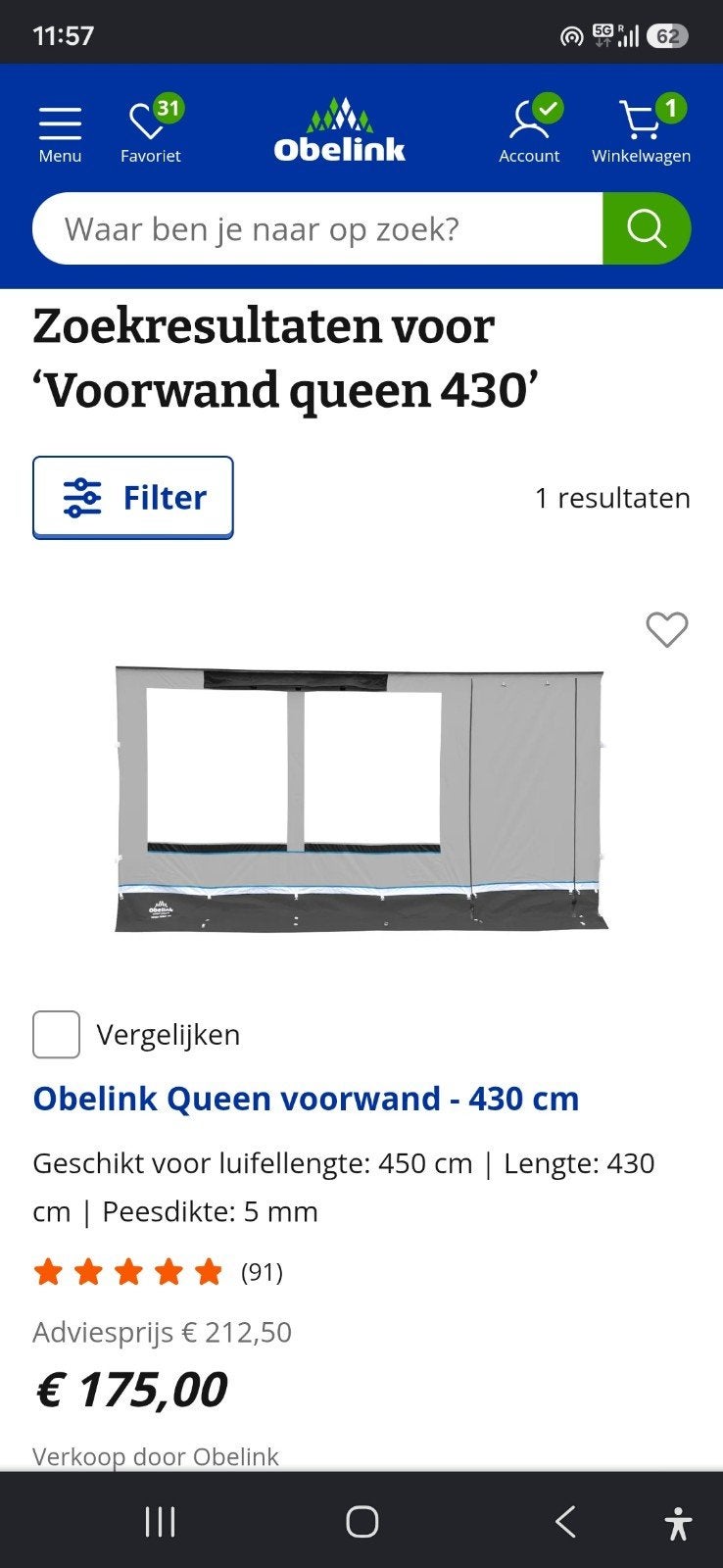 zijwand cassetteluifel obelink queen, Caravans en Kamperen, Ophalen