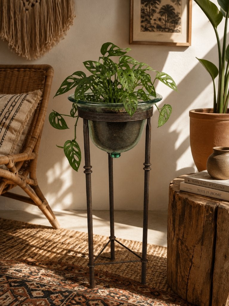 Unieke glazen plantenstandaard, Tuin en Terras, Binnen, Zo goed als nieuw, Metaal, Overige vormen