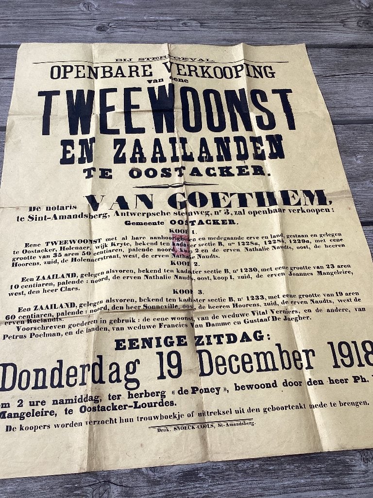 Affiche openbare verkoop Oostakker 1918, Ophalen, Gebruikt