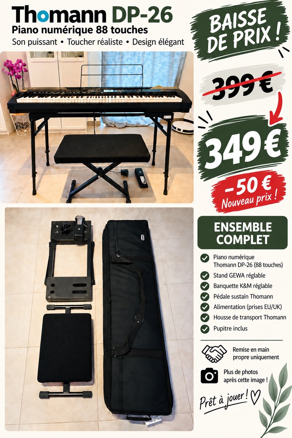 Lot complet : Piano numérique Thomann DP-26, Enlèvement, Comme neuf, Noir, Piano