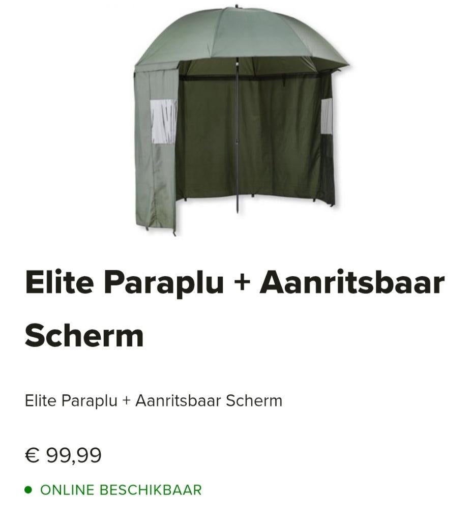 Paraplu elite met aanritsbaar scherm  (zie foto's  !!), Watersport en Boten, Hengelsport | Algemeen, Ophalen, Zo goed als nieuw