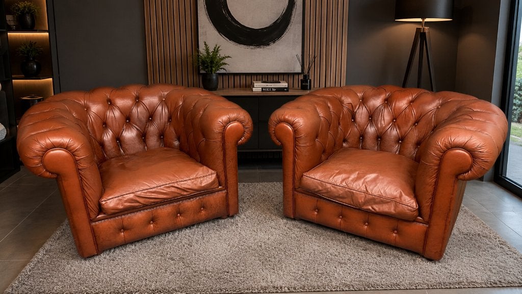 2X BRUINE LEREN CHESTERFIELD FAUTEUIL, Ophalen, Gebruikt, Leer