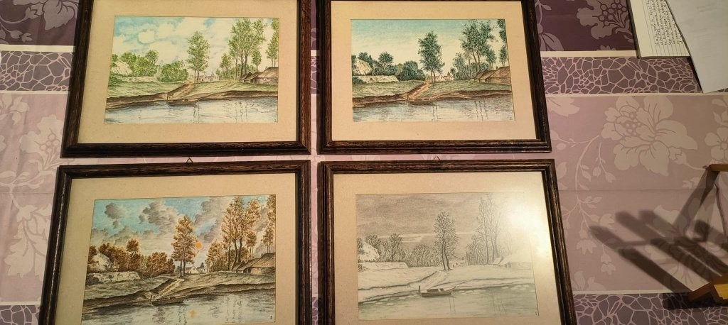 Tekening van 4 seizoenen "Op zelfde plaats", Ophalen, Tekening, Achter glas