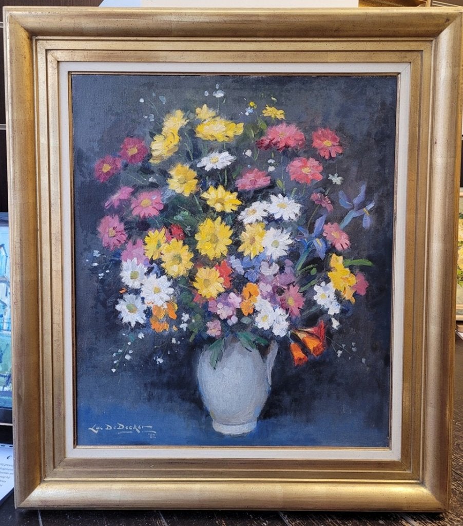 Luc DE DECKER, vaas met bloemen, Bloemen, Doek, Ophalen of Verzenden, Gedateerd