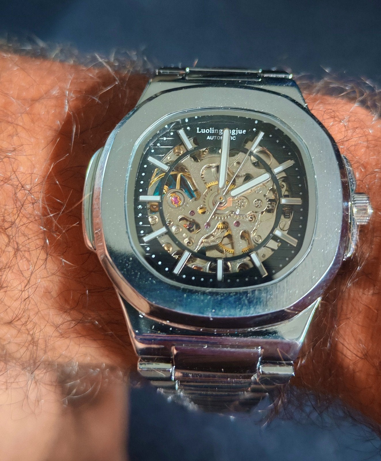 Montre automatique squelette homme — Bracelet acier, Envoi, Étanche, Neuf, Argent