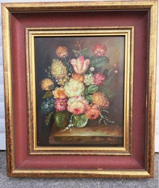 huile sur panneau fleurs signe jos melis, Antiek en Kunst, Ophalen of Verzenden, Bloemen, Paneel