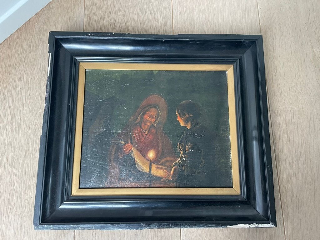 Schilderij - Nachttafereel bij kaarslicht, Antiquités & Art, Portrait ou Personnes, Peinture à l'huile, Panneau, Peint à la main