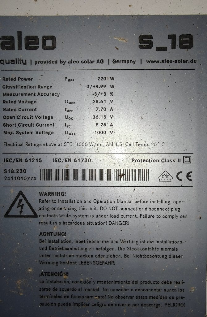 10 Degelijke Duitse zonnepanelen Aleo 220Wp, Ophalen, Gebruikt, Paneel, 200 wattpiek of meer