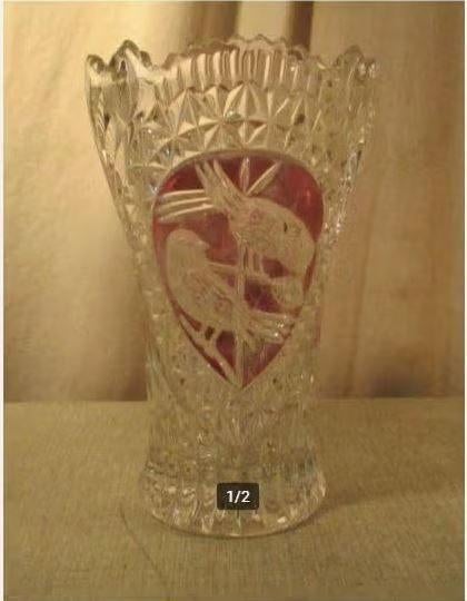 Beau vase ancien en cristal avec 2 oiseaux - 21 cm, Enlèvement ou Envoi