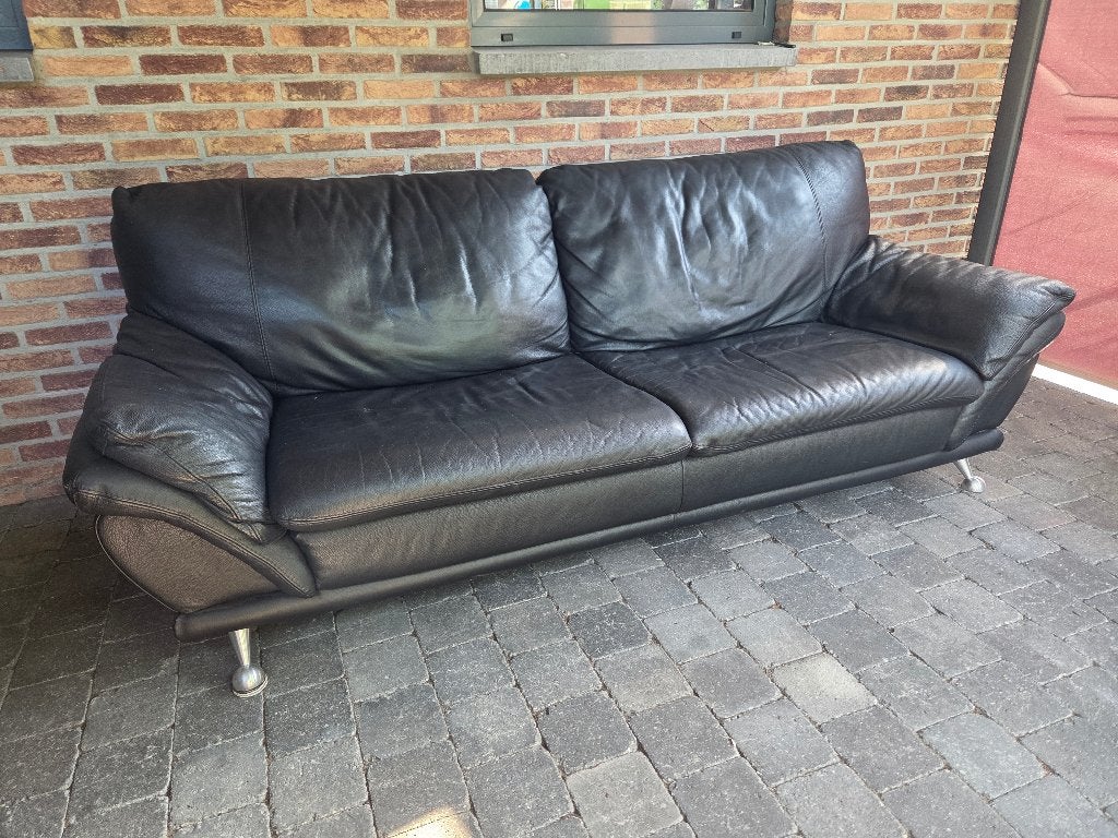 Lederen twee- en driezit zwart, Huis en Inrichting, Ophalen, Gebruikt, 150 tot 200 cm, Driepersoons