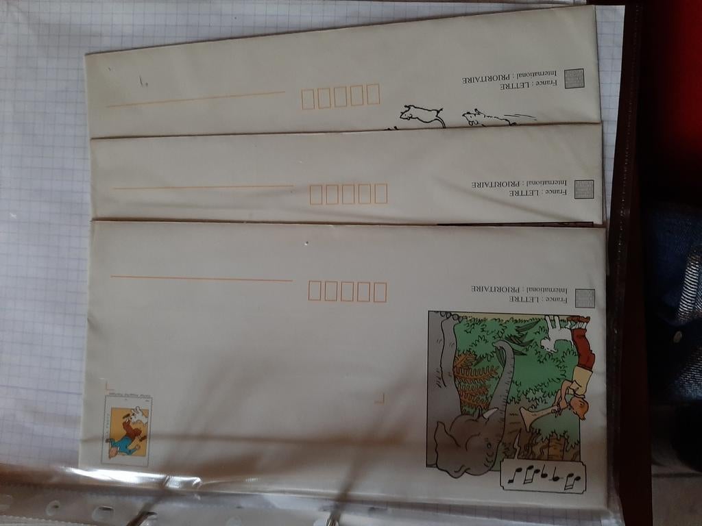 Kuifje 5 enveloppes met inwendige  kaart, Verzamelen, Verzenden