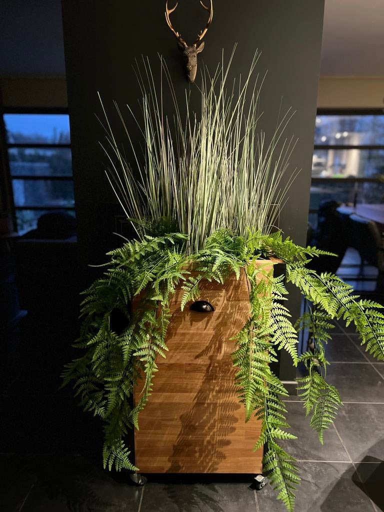 Volhouten eiken plantenbak/ opbergbak op wieltjes, Ophalen