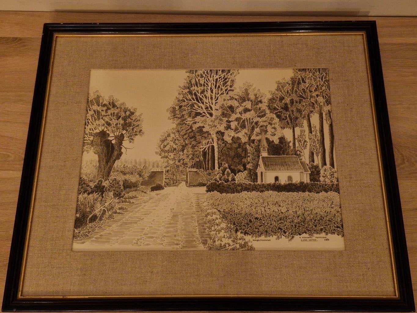 penseeltekening H. Ritakapel Moerzeke 1987 J. Van Damme, Antiquités & Art, Enlèvement ou Envoi, Paysage urbain / rural, Papier