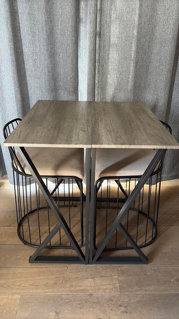 Stijlvolle hoge tafel met 2 stoelen – industrieel design, Ophalen, Zo goed als nieuw