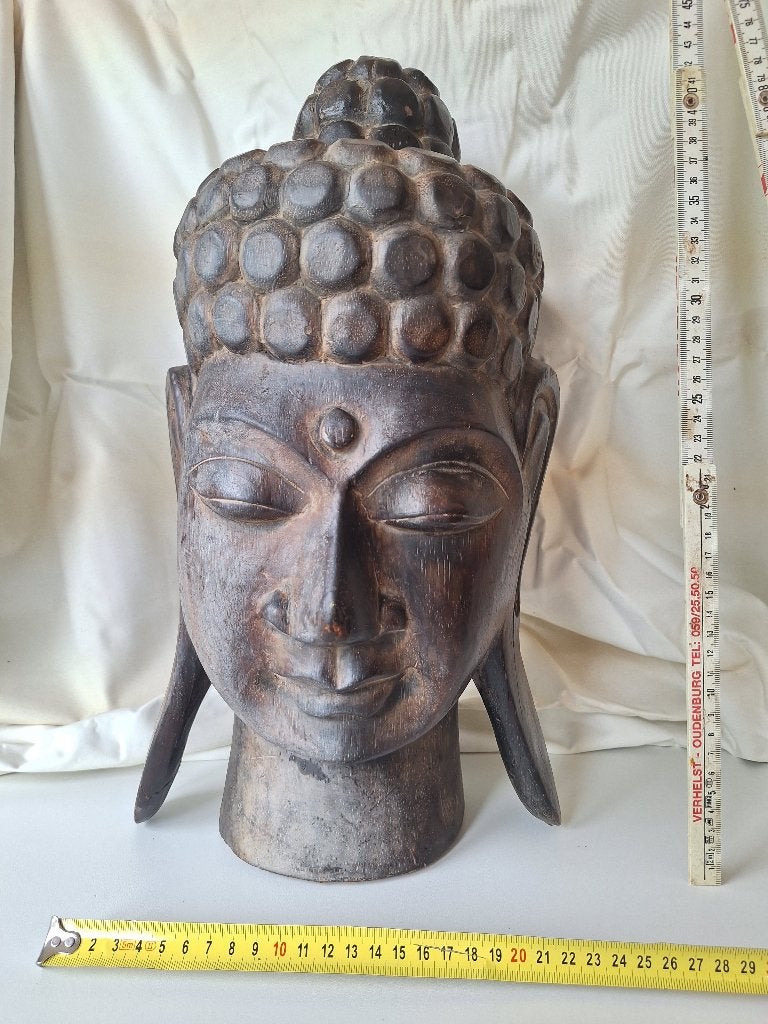 statue en bois de tête de bouddha, Sculptures sur bois, 40 cm, Marron, Comme neuf