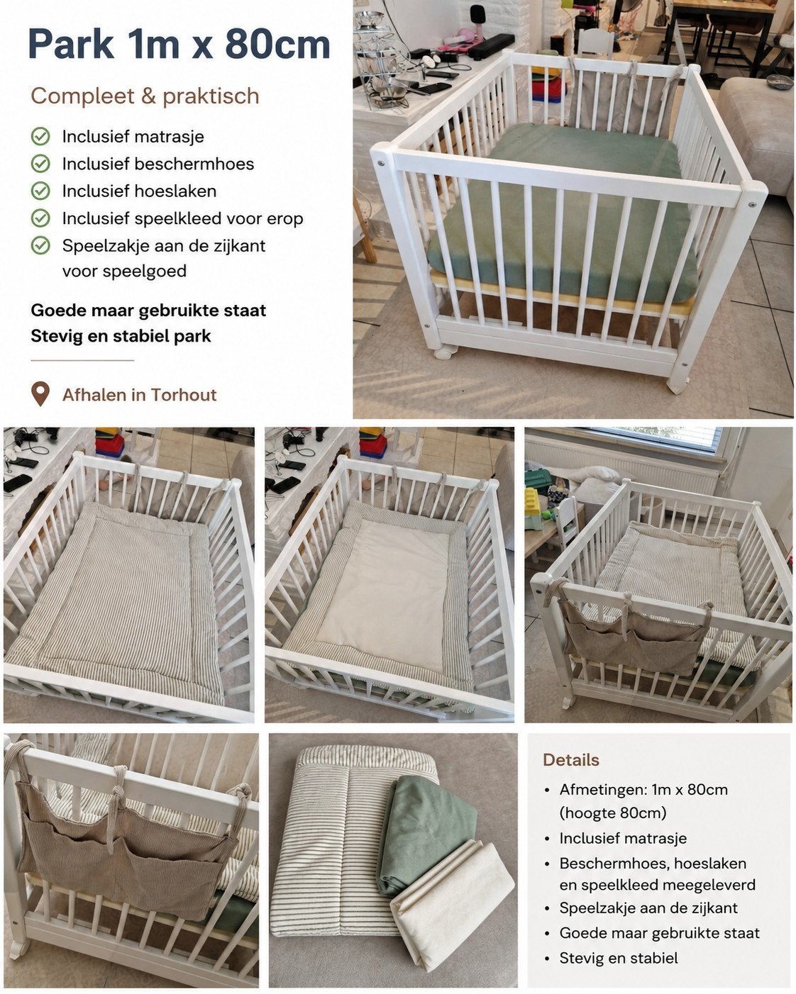 Parc pour bébés en bois blanc avec accessoires
Bébé en bois, Enlèvement