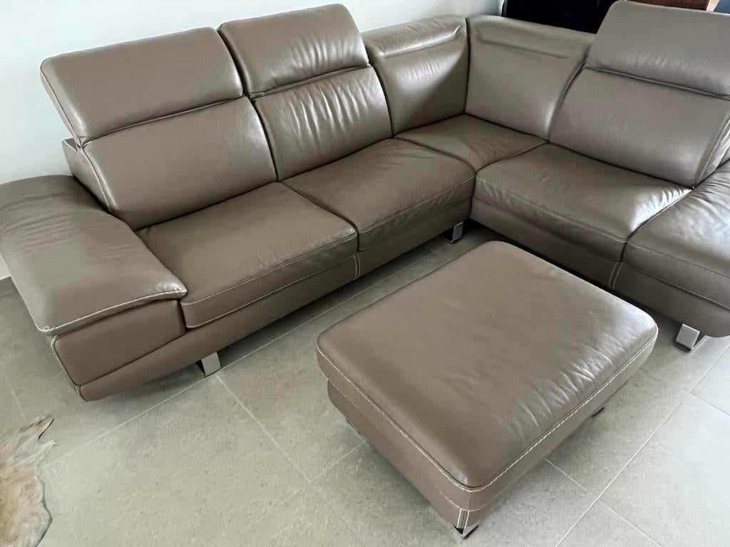 Lederen hoekzetel + poef  – Franco Ferri - topstaat, Ophalen, Zo goed als nieuw