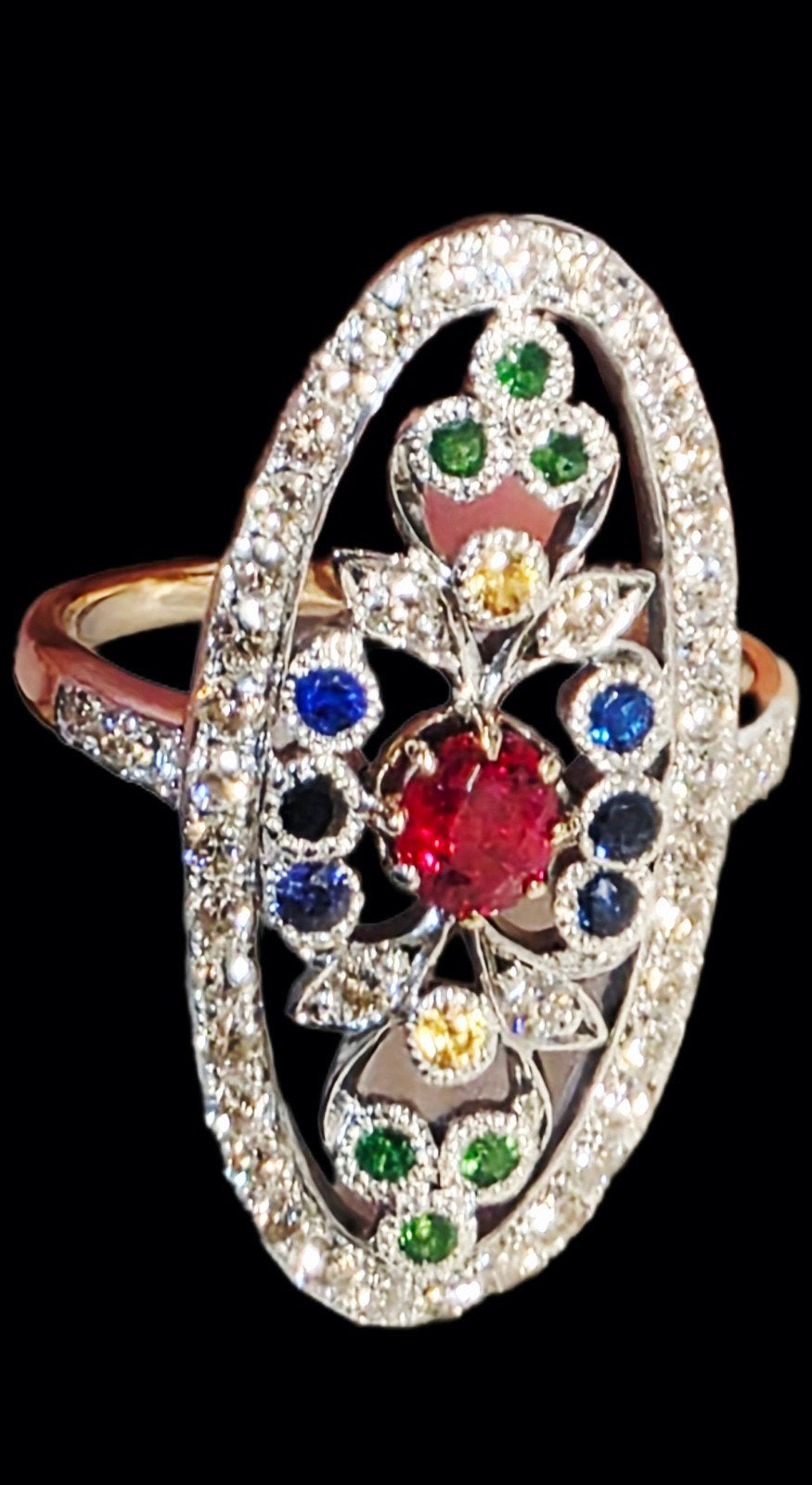 Exclusieve ring met spinel, tsavorieten,saffieren, Enlèvement ou Envoi, Bleu, Or