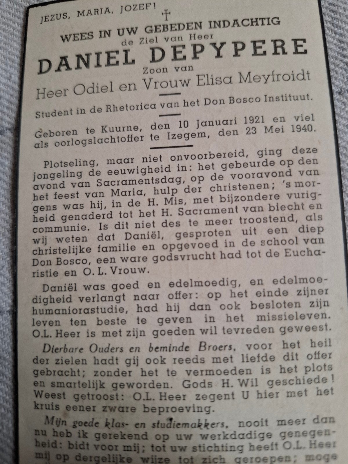 bidprentje oorlogsslachtoffer, Enlèvement ou Envoi, Image pieuse