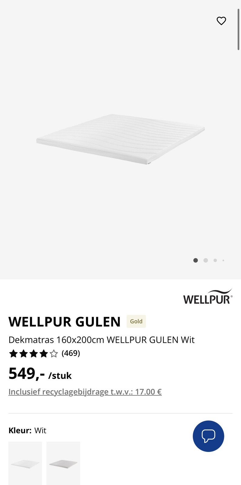 Wellpur topper gold T65 gullen van jysk, Ophalen, Zo goed als nieuw, 160 cm, Matras