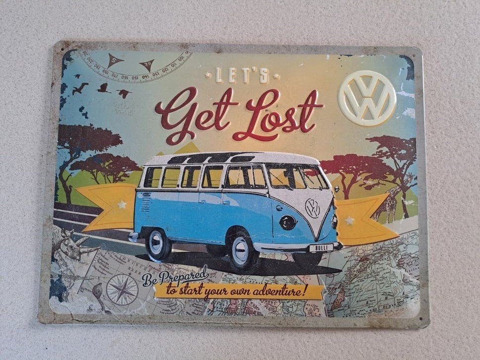 email plaat VW busje, Panneau publicitaire, Métal, 38 cm, Vintage