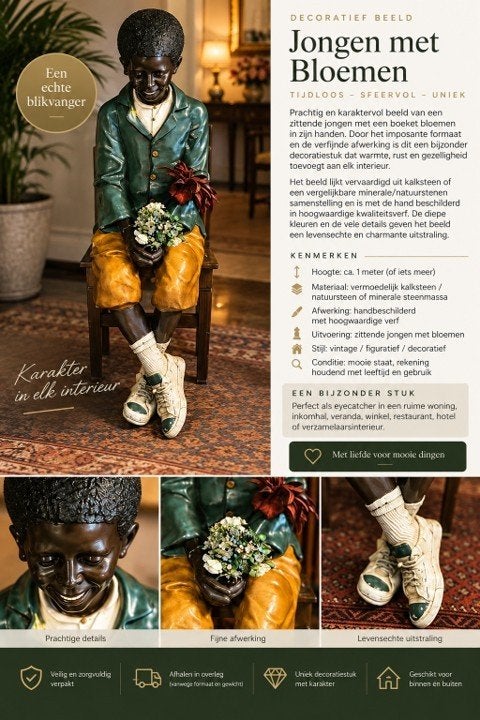 Karaktervol beeld, donker jongetje met bloemen, Collections, Statues & Figurines, Enlèvement, Comme neuf