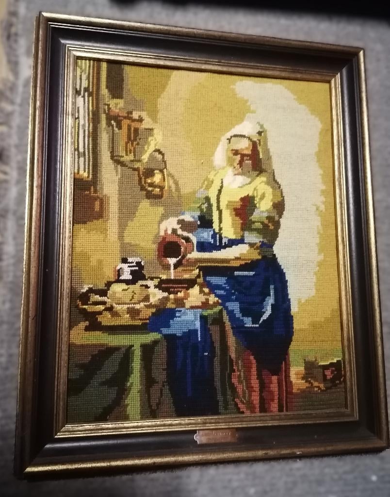 Vermeer - Het melkmeisje - geborduurd - ingelijst, Antiek en Kunst, Ophalen