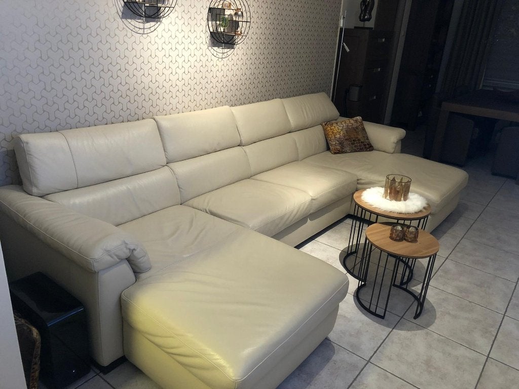 Beige kunstleren zetel, 4-6 personen, Huis en Inrichting, Zetels | Zetels, Ophalen, Gebruikt, 125 tot 150 cm, Hoekbank