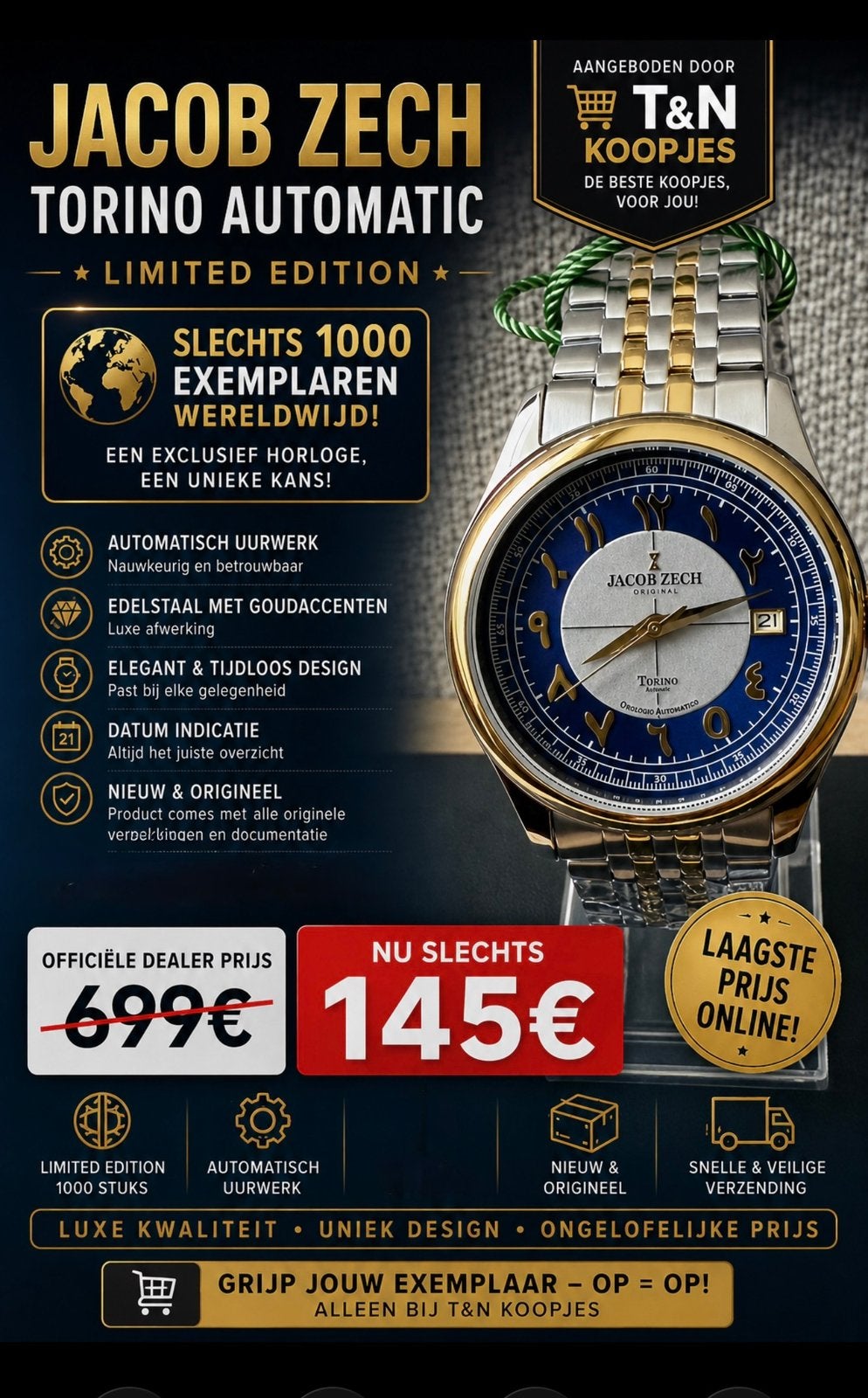 AUTOMATIQUE JACOB ZECH TORINO VAUT699€! 💯%NOUVEAU, ORIGINAL, Enlèvement ou Envoi