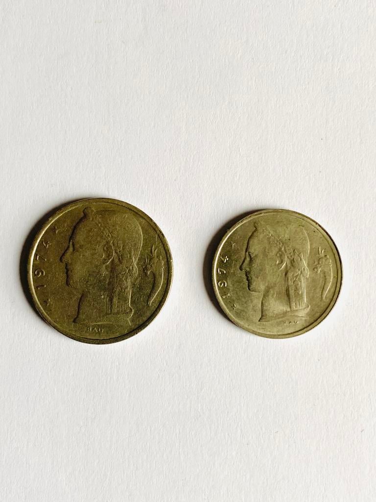 Belgische munten van 5 frank en 1 frank uit 1974, Ophalen of Verzenden, Metaal, Setje